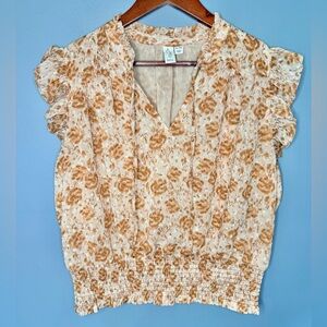 Joie Floral Smocked Ruffle Sleeve V-Neck Top | Size XL